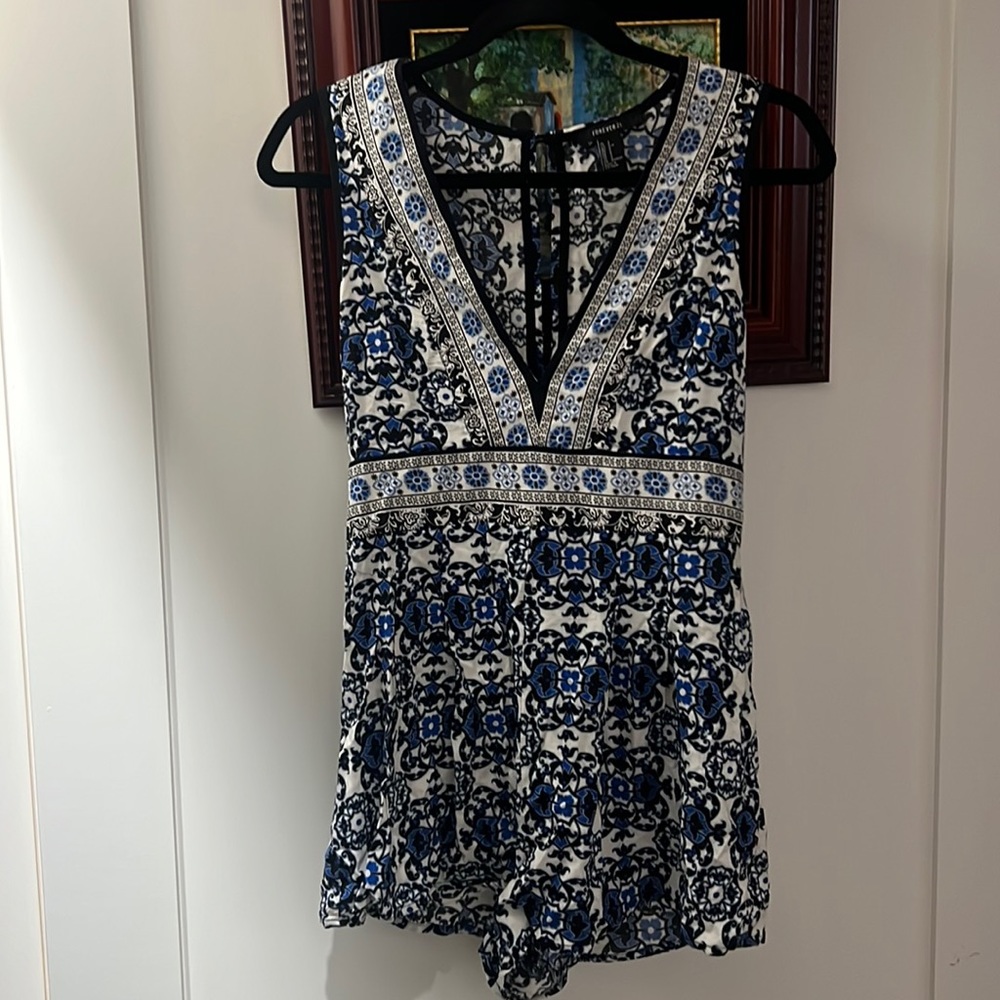 V Cut blue patterned romper